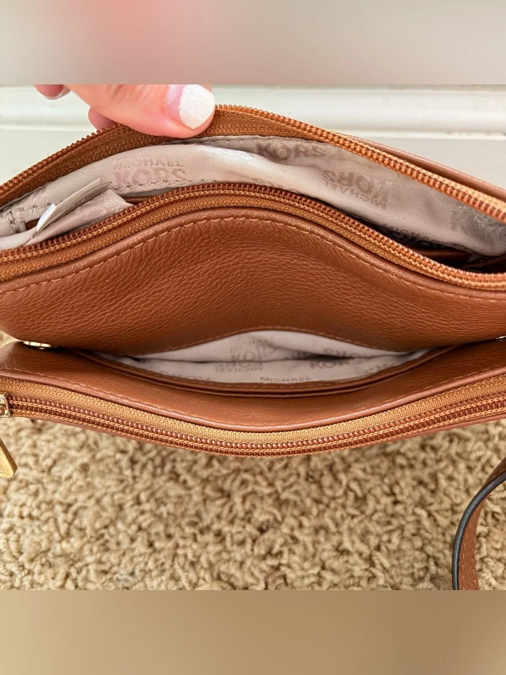 Michael Kors Chestnut Brown Leather Crossbody with Gold MK Emblem
